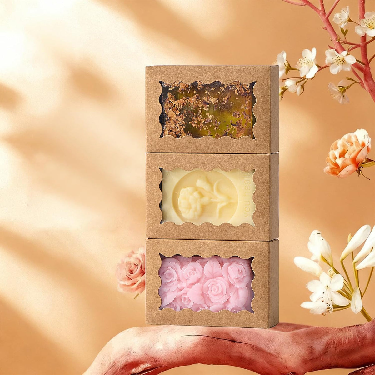 40PCS Kraft Brown Soap Boxes with Window, 3.5x2.36x1.2 Inches, Small Gift Boxes for Homemade Soap, Macarons, Cookies, Candies, Wedding and Birthday Party Favors