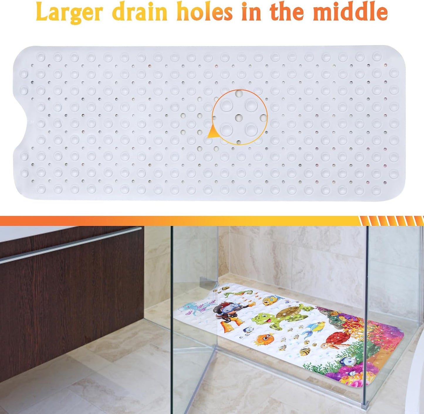 Secopad Bathtub Mat Non Slip, Cartoon Bath Tub Mat, 40" x 16", Turtle | Rectangular, Anti-Slip, Machine Washable, with Drain Holes and Suction Cups,For Bathtub and Shower Floor, for Toddler & Kids