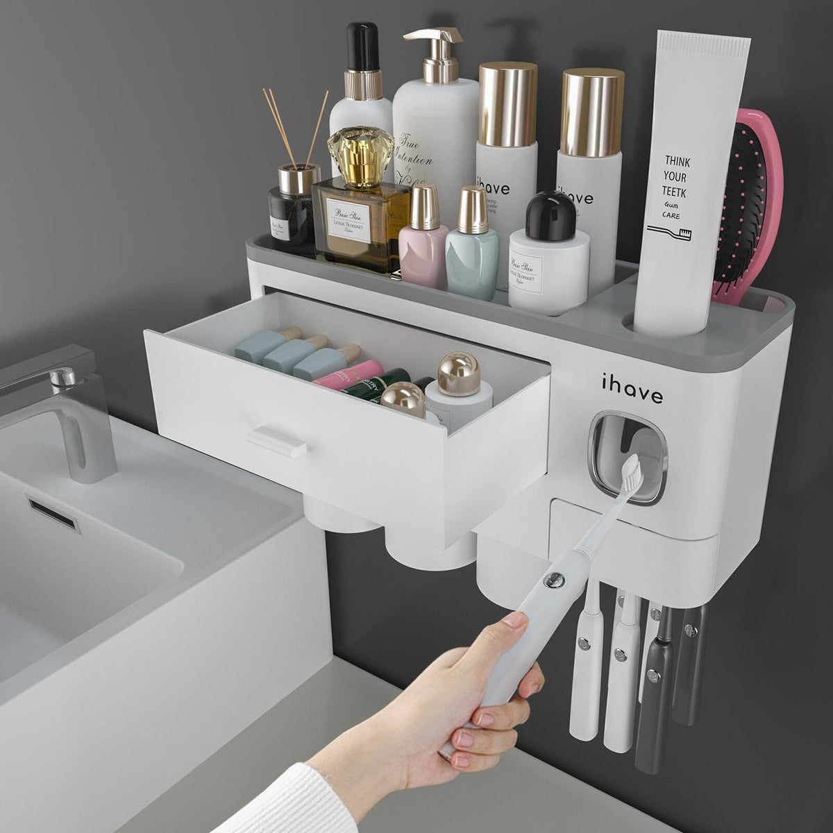iHave Toothbrush Holders Wall Mounted with Toothpaste Dispenser & 2 Cups | All-in-One Bathroom Organizer: 2 Cups, 6 Slots, Toothpaste Dispenser, Large Tray & Drawer. Wall Mount, No Drilling Required