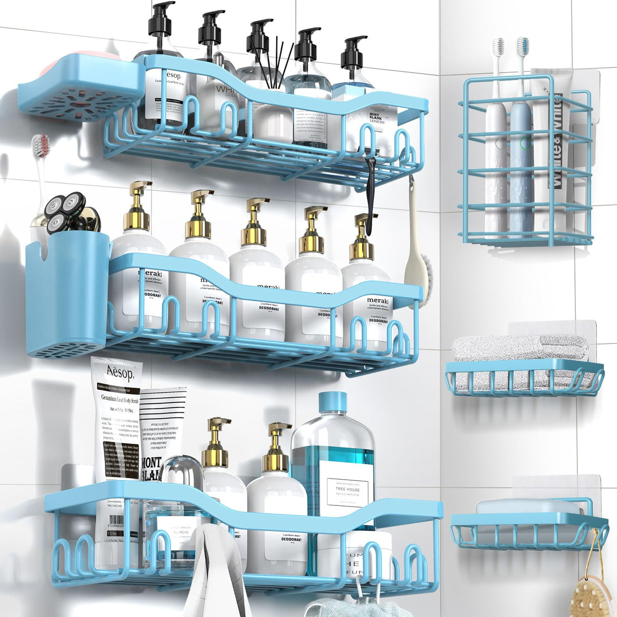 NESOMI 7-Pack Shower Caddy Adhesive,Stainless Steel Shower Organizer Shelf | Rustproof, with Soap Dish Toothbrush Holder, Large Capacity, No-Drill Rack Bathroom Storage Accessories, 24 Hooks, Home Decor