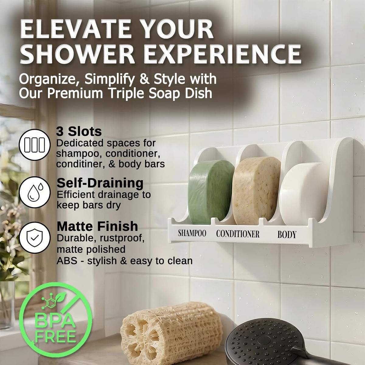 Soap Holder for Shower Wall, 3-Compartment Soap Dish [Patent Pending] | For Shampoo, Conditioner and Body Soap, Fast Draining & Rust-Proof, Strong Adhesive for Long-Term Bathroom Use & Freestanding