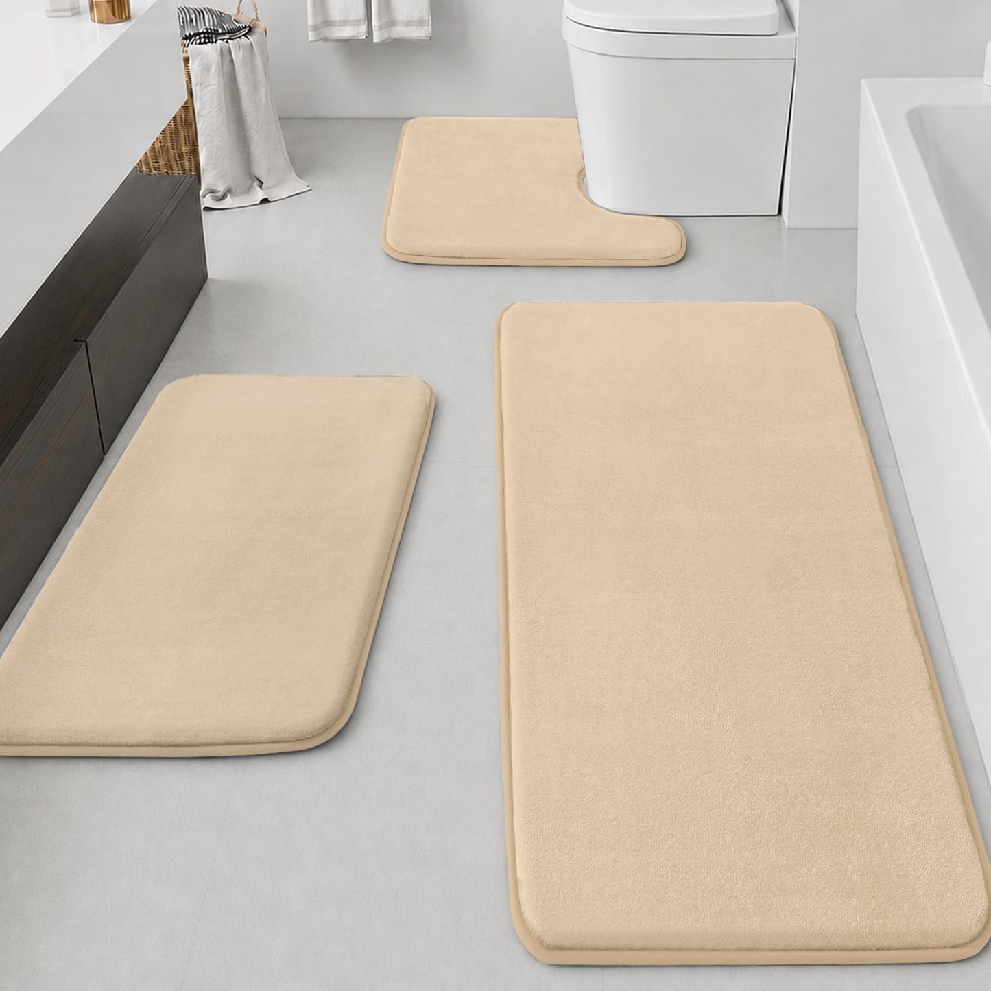 HUXMEYSON Bathroom Rugs Sets 3 Piece, Non-Slip & Quick Dry Bath Mat Set, Ultra Soft Velvet Bath Rugs for Bathroom, Toilet and Shower Floor, Grey