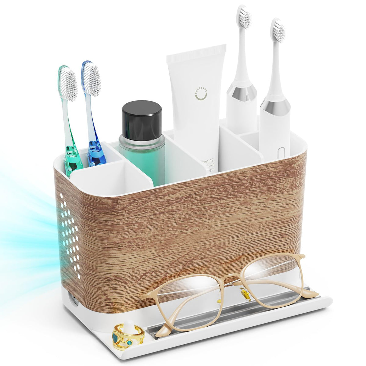Toothbrush Holders for Bathrooms, Adjustable 6 Slots Electric Toothbrush and Toothpaste Holder, Cord-Friendly Detachable Bathroom Countertop Organizer with Front Ledge for Phone and Ring Holder