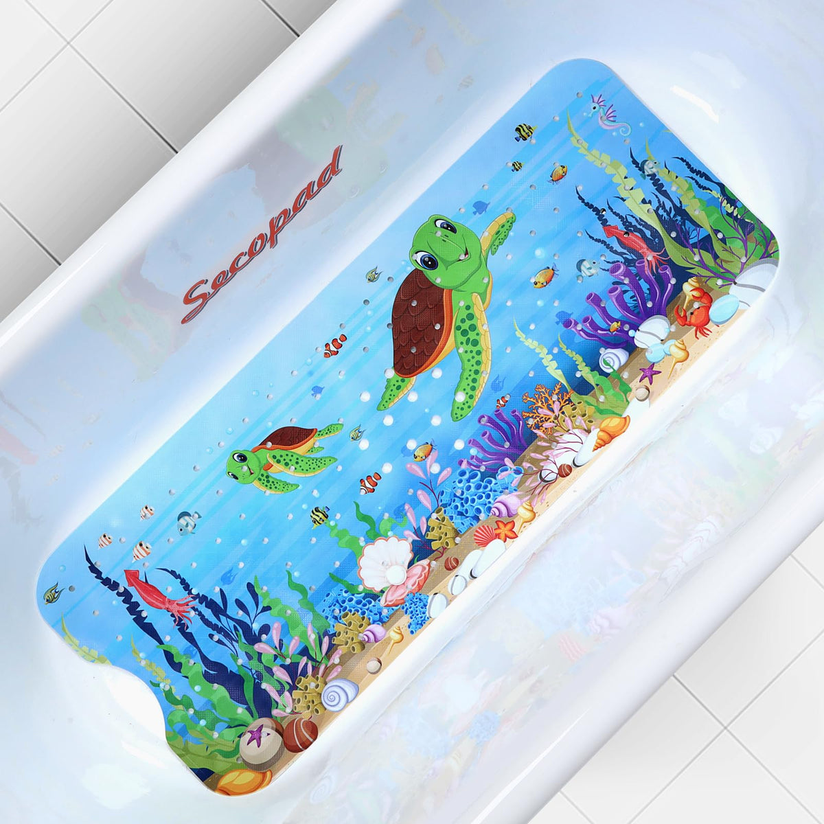 Secopad Bathtub Mat Non Slip, Cute Tub Mat, 40" x 16", Blue Sea Animals | Rectangular, Anti-Slip, Machine Washable, with Drain Holes and Suction Cups,For Bathtub and Shower Floor, for Toddler & Kids