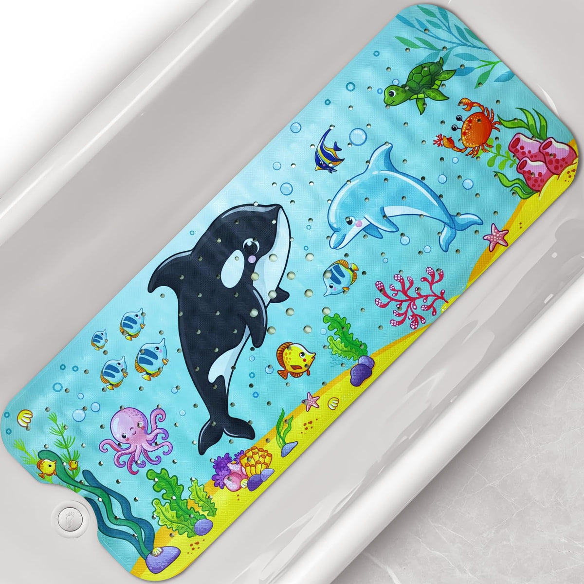 Baby Bath Tub Mat, 40 x 16 Inch Extra Large Non Slip Kids Cartoon Bathtub Shower Mats with Suction Cups & Drain Holes, Machine Washable for Bathroom, Undersea Sea Turtle