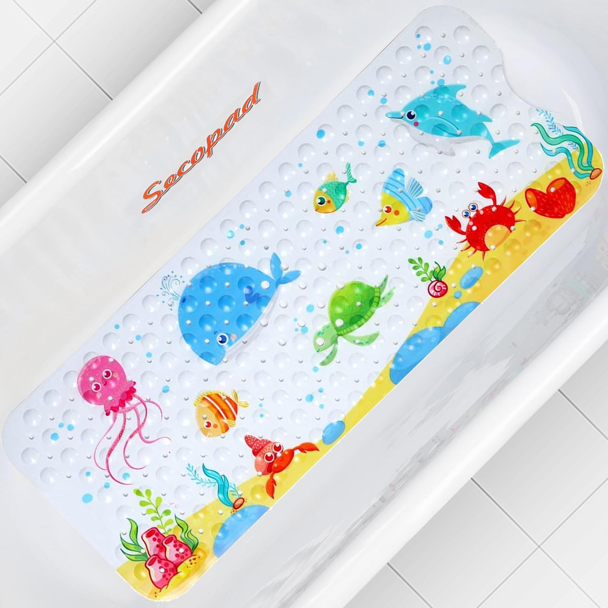 Secopad Bathtub Mat Non Slip, Cartoon Bath Tub Mat, 40" x 16", Turtle | Rectangular, Anti-Slip, Machine Washable, with Drain Holes and Suction Cups,For Bathtub and Shower Floor, for Toddler & Kids