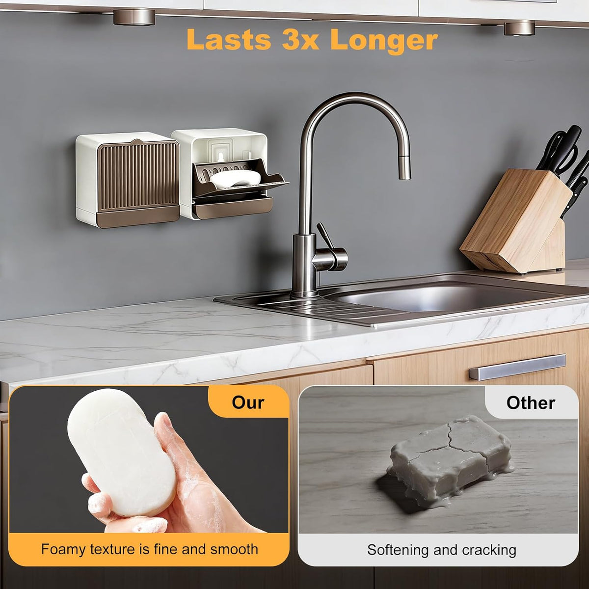 Wall‑Mounted Soap Dish Holder with Self‑Adhesive Wall Hooks, Removable Drain Tray for Draining Water, Keeps Soap Dry, Space Saver for Bathroom Shower Sink Kitchen (1-Pack Khaki-Single Compartment)