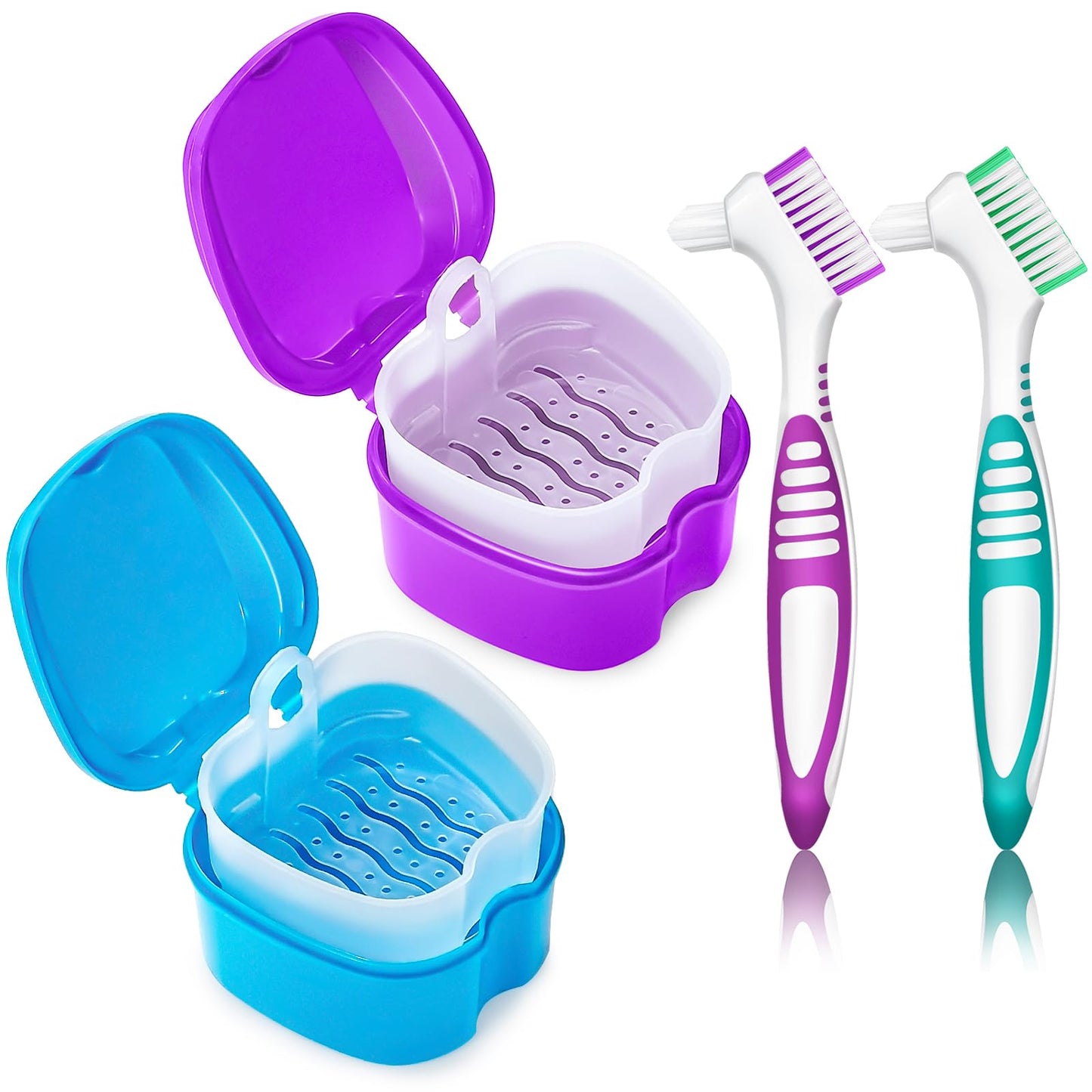 2 Pack Colors Denture Bath Case Cup Retainer Cleaner Holder Case False Teeth Soaking Container Dental Bath Storage Box Case with Strainer Basket and Brush - Rose Red & Black