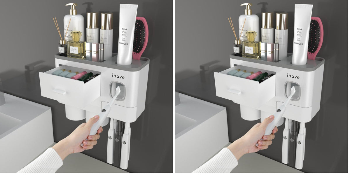 iHave Toothbrush Holders Wall Mounted with Toothpaste Dispenser & 2 Cups | All-in-One Bathroom Organizer: 2 Cups, 6 Slots, Toothpaste Dispenser, Large Tray & Drawer. Wall Mount, No Drilling Required
