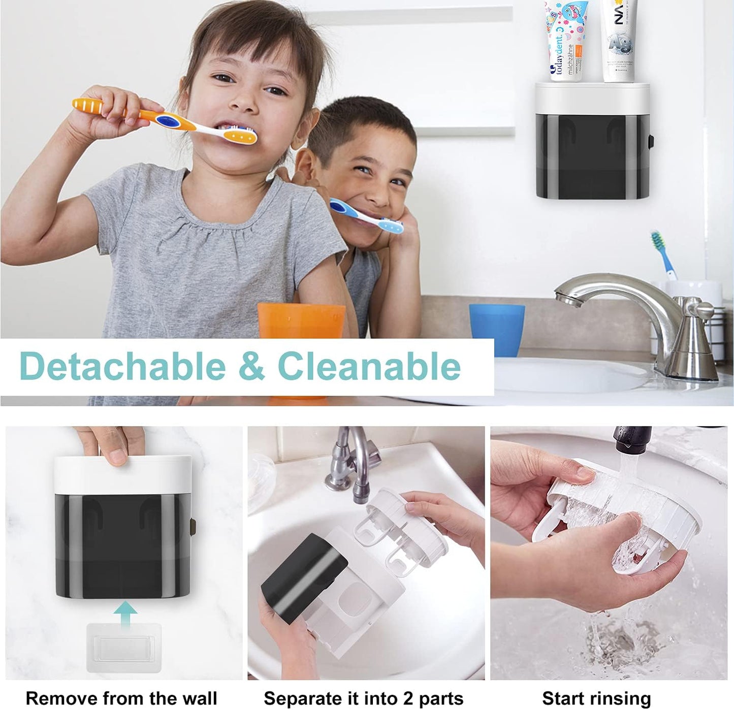 GFWARE Toothbrush Holder Toothpaste Dispenser Wall Mounted with Cover, 4 Slots Tooth Brush Storage Organizer with Automatic Kids Toothpaste Squeezers for Shower Bathroom Black | Automatic Toothpaste dispenser for Kids, Bathroom Storage Organizer with Dust