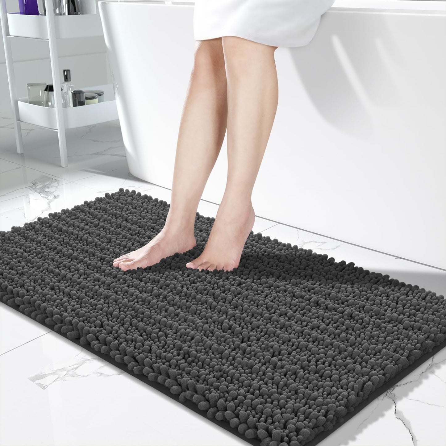 Yimobra Bathroom Rugs Non-Slip Washable – Extra Soft & Absorbent Chenille Bath Mat, Quick-Dry Plush Shaggy Floor & Vanity Bath Rugs for Tub & Shower, Modern Home Decor Accessories, 24 x 17, Grey