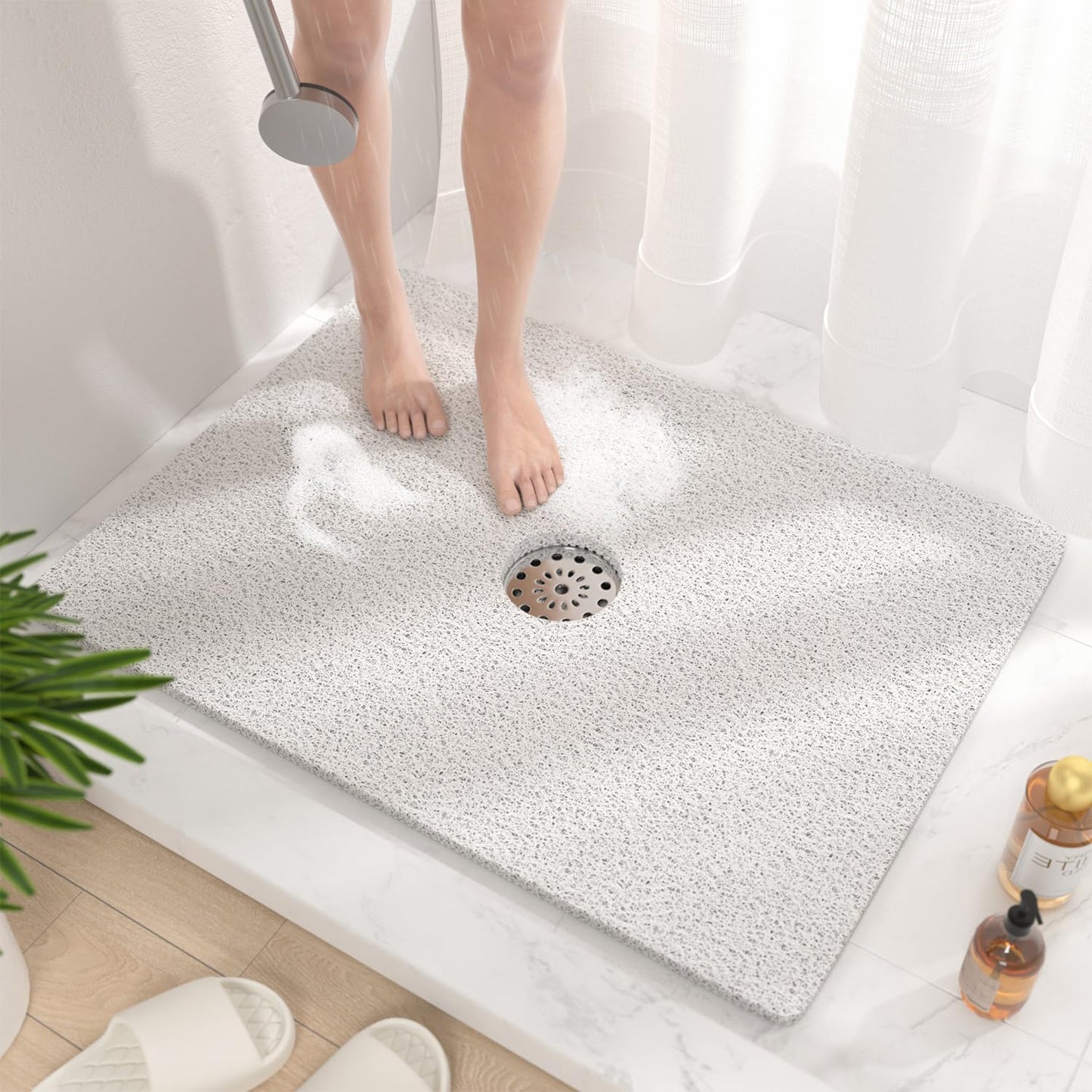 HITSLAM Square Shower Mat, 24 x 24 Inch Non Slip Bath Mat for Tub, Soft PVC Loofah Bathtub Mats with Drain Holes, Quick Drying Bathroom Stall Floor Mat, Bathroom Accessories Without Suction Cup, Grey