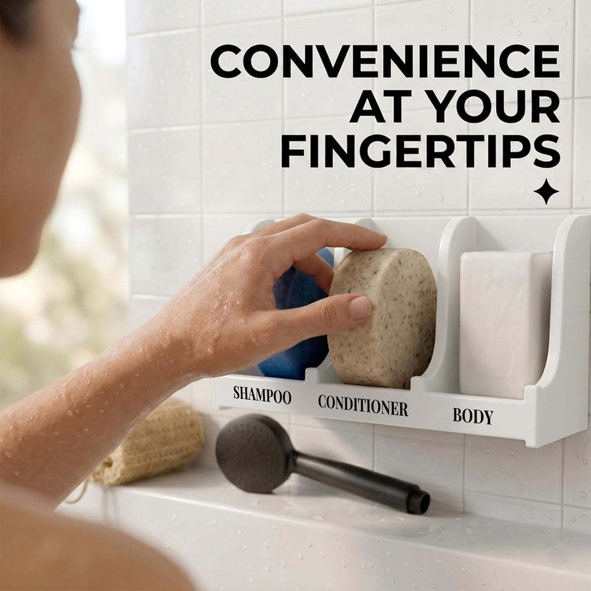 Soap Holder for Shower Wall, 3-Compartment Soap Dish [Patent Pending] | For Shampoo, Conditioner and Body Soap, Fast Draining & Rust-Proof, Strong Adhesive for Long-Term Bathroom Use & Freestanding