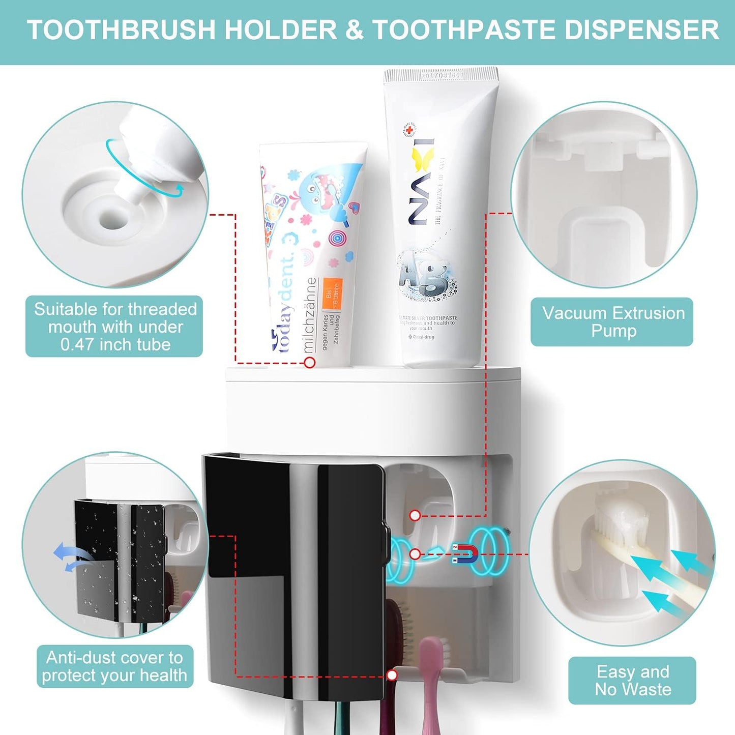 GFWARE Toothbrush Holder Toothpaste Dispenser Wall Mounted with Cover, 4 Slots Tooth Brush Storage Organizer with Automatic Kids Toothpaste Squeezers for Shower Bathroom Black | Automatic Toothpaste dispenser for Kids, Bathroom Storage Organizer with Dust