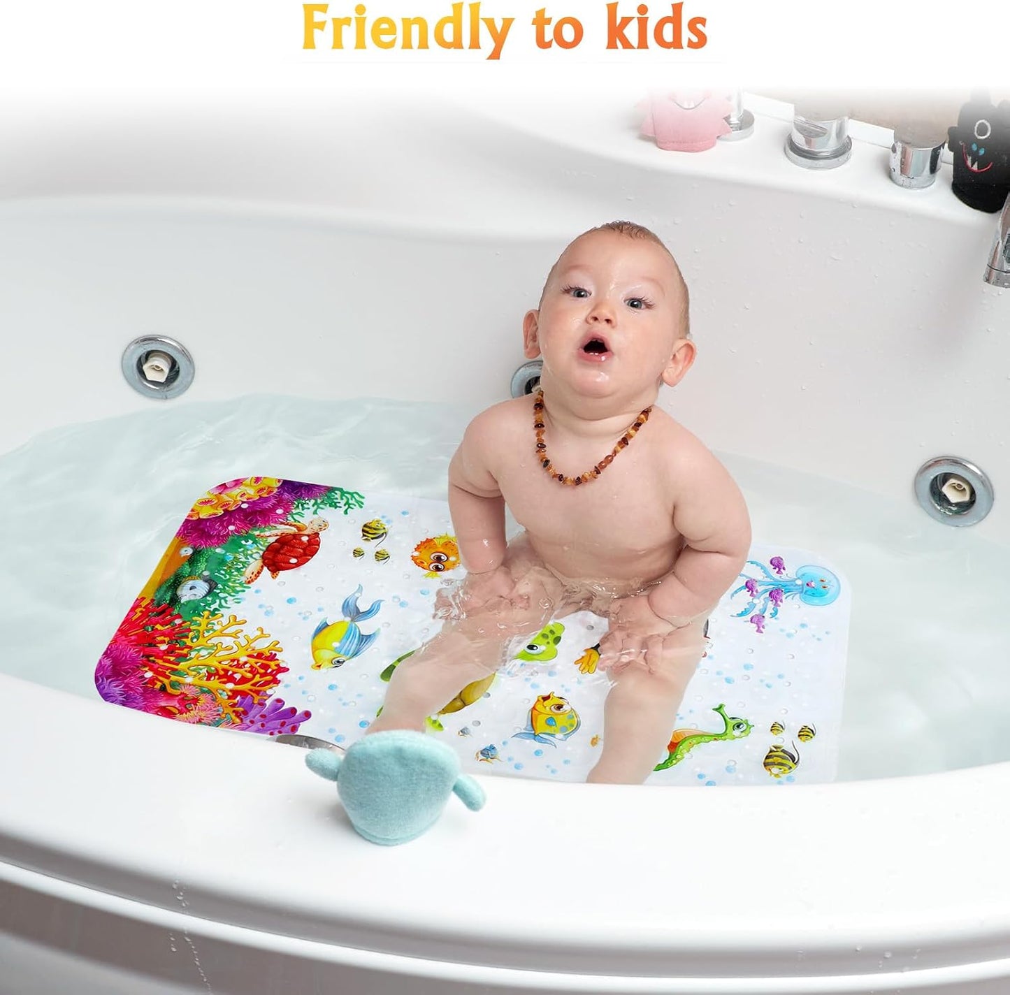 Secopad Bathtub Mat Non Slip, Cartoon Bath Tub Mat, 27.5" x 15", Turtle | Rectangular, Anti-Slip, Machine Washable, with Drain Holes and Suction Cups,For Bathtub and Shower Floor, for Toddler & Kids