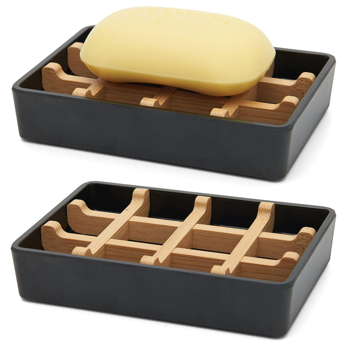 Bamboo Soap Dishes for Shower with Drainage Wooden Soap Bar Holder for Bathroom Soap Tray Easy to Clean, Durable and with Non-Slip Pads(Single Black Square)