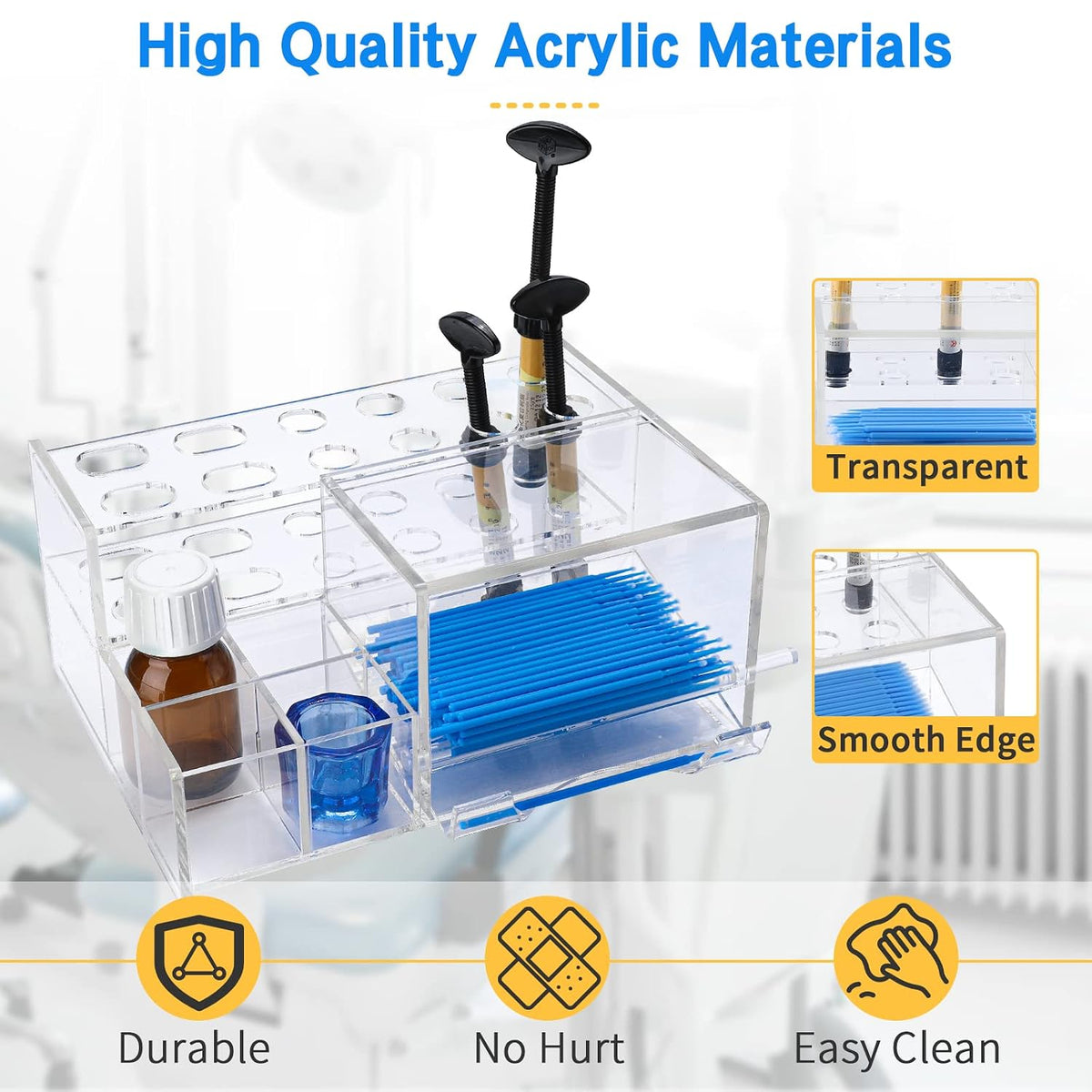 Dental Composite Organizer - Multi-Function Acrylic Dispenser for Resin Adhesive Syringes and Micro Applicator Brush Dental Instrument Holder