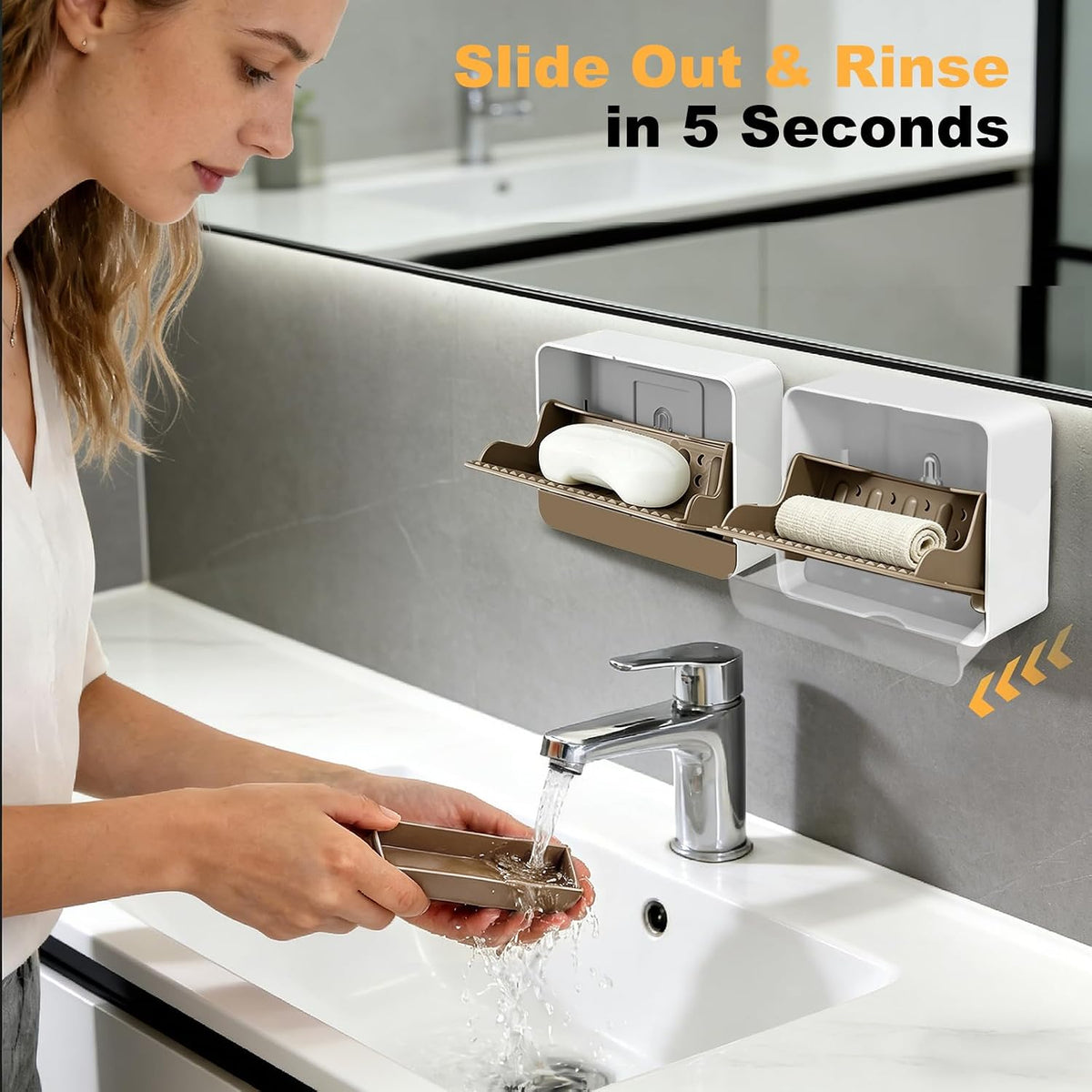 Wall‑Mounted Soap Dish Holder with Self‑Adhesive Wall Hooks, Removable Drain Tray for Draining Water, Keeps Soap Dry, Space Saver for Bathroom Shower Sink Kitchen (1-Pack Khaki-Single Compartment)