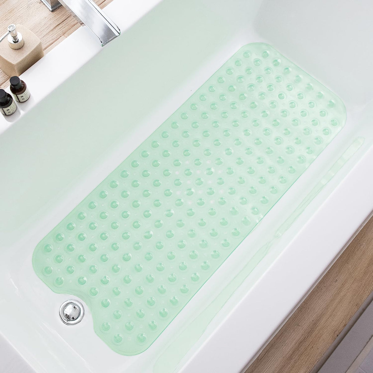 TEESHLY Bathtub Mats for Shower Tub, Extra Long Non-Slip 39 x 16 Inch Bath Mat with Drain Holes and Suction Cups, BathMat for Bathroom with Machine Washable (Clear Grey)