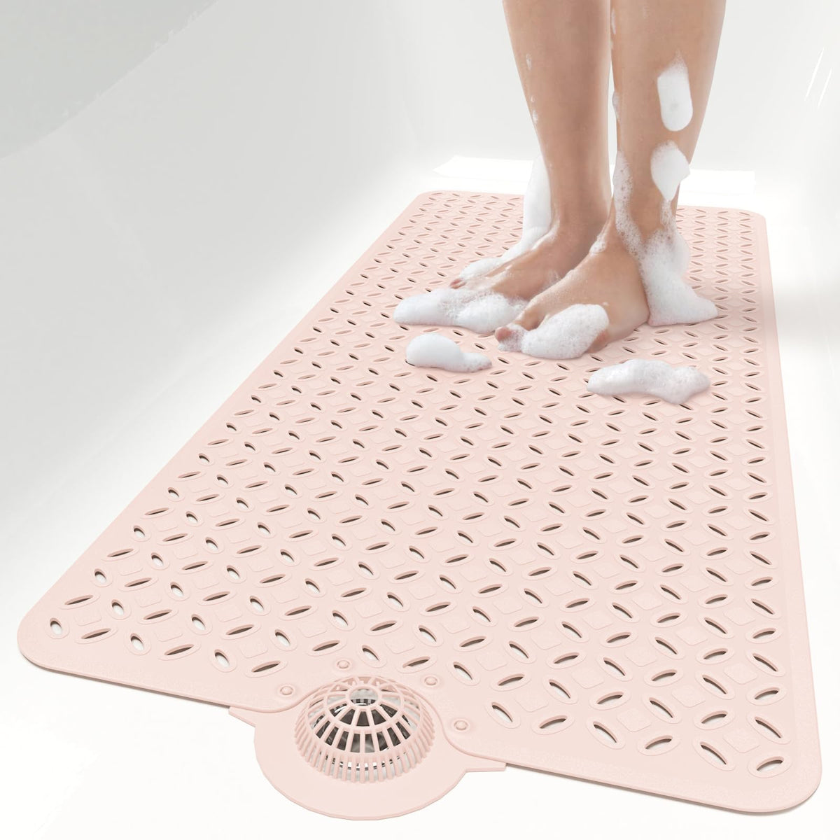 OTHWAY Bath Mat for Tub Non Slip: 39" X 17" Long Bathtub Mat with Hair Catcher│Big Drain Holes Shower Mats for Inside Shower│Machine Washable (Grey)