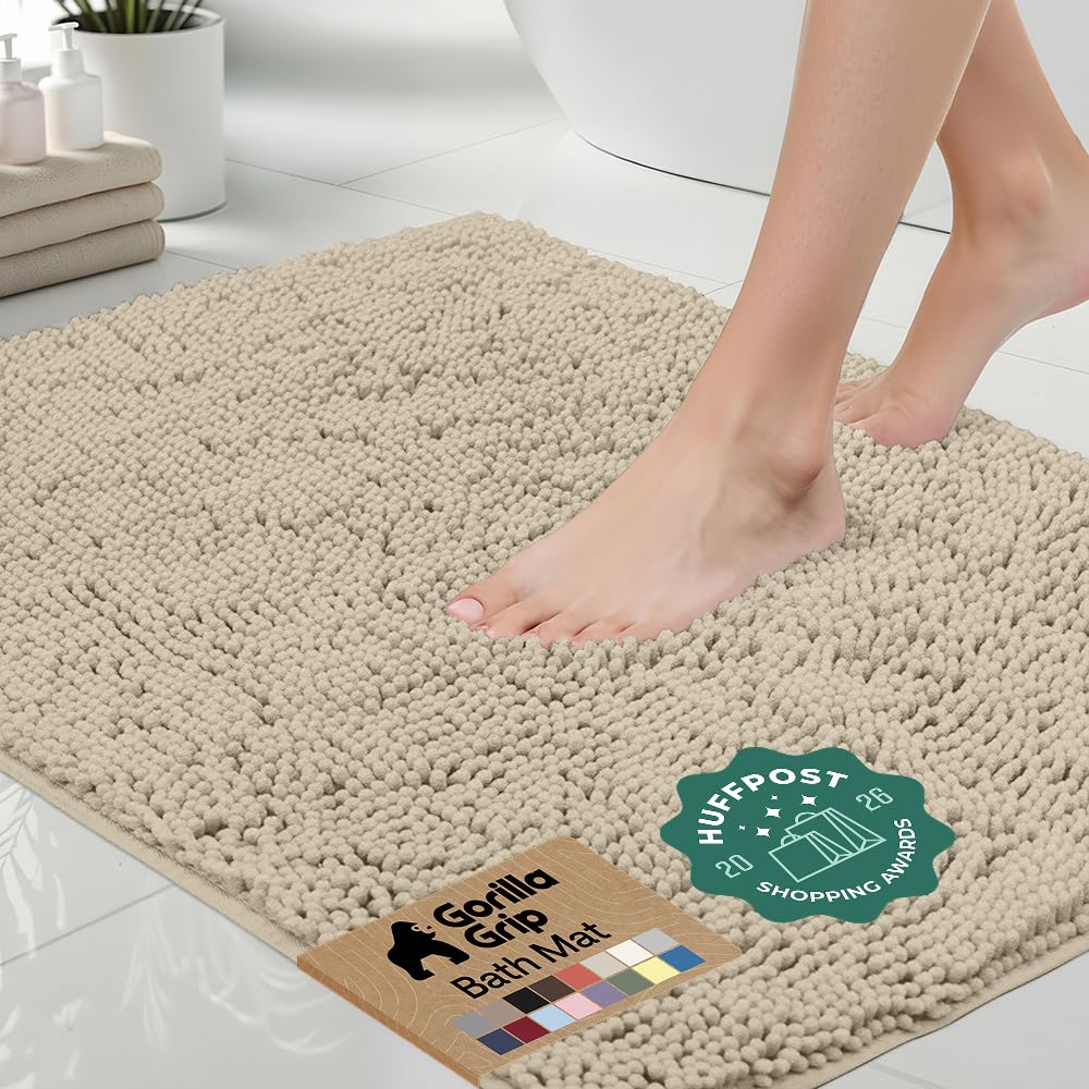 GORILLA GRIP Bath Rug Mat for Bathroom, Absorbent Chenille, 24x17 Gray | Soft Thick Quick Dry Microfiber Mats, Rubber Backing, Machine Washable Tub and Shower Floor Rugs, Home Decor Essentials