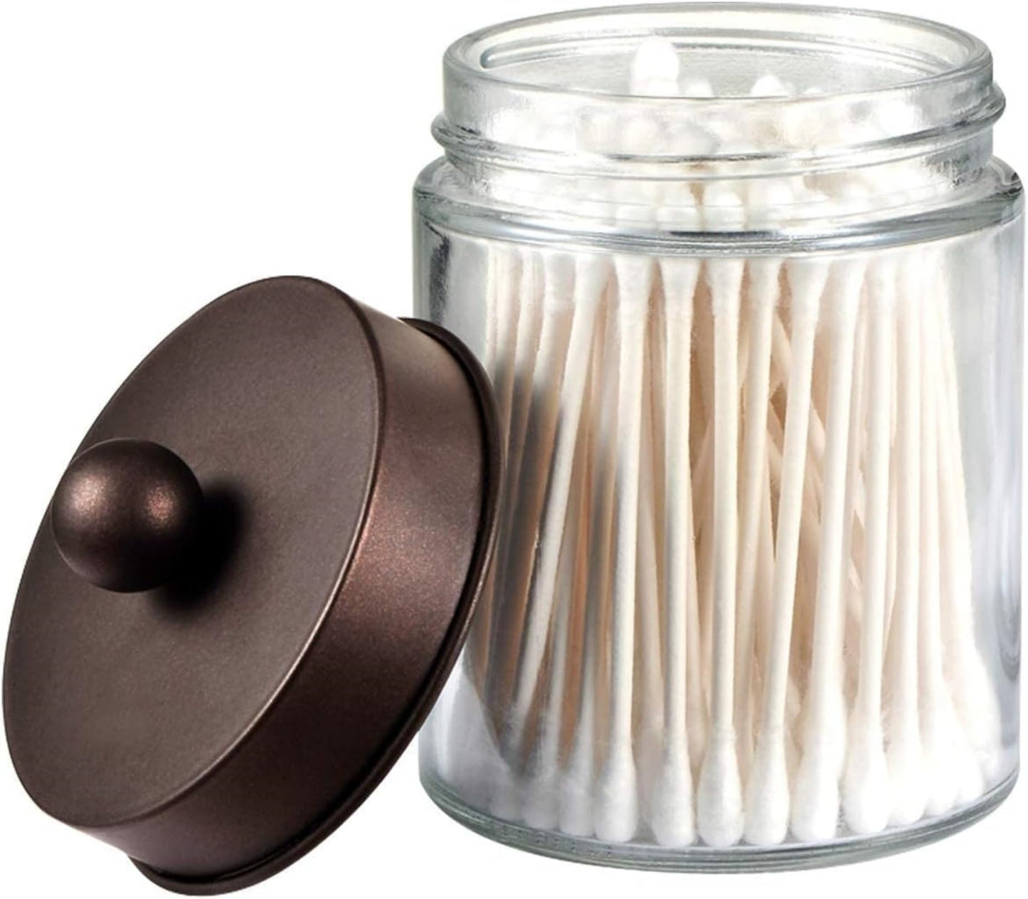 Amolliar Apothecary Jar Qtip Holder w/Metal Lid, Glass, Brushed Nickel | for Bathroom Vanity Storage, Countertop, Farmhouse Style, Holds Cotton Swabs, Dental Floss, Makeup Sponges