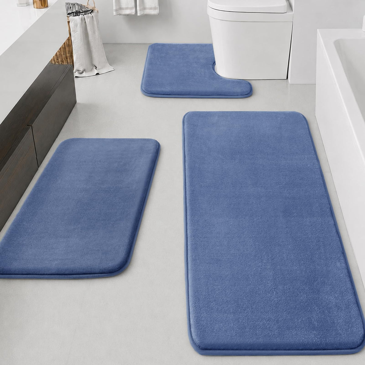 HUXMEYSON Bathroom Rugs Sets 3 Piece, Non-Slip & Quick Dry Bath Mat Set, Ultra Soft Velvet Bath Rugs for Bathroom, Toilet and Shower Floor, Grey