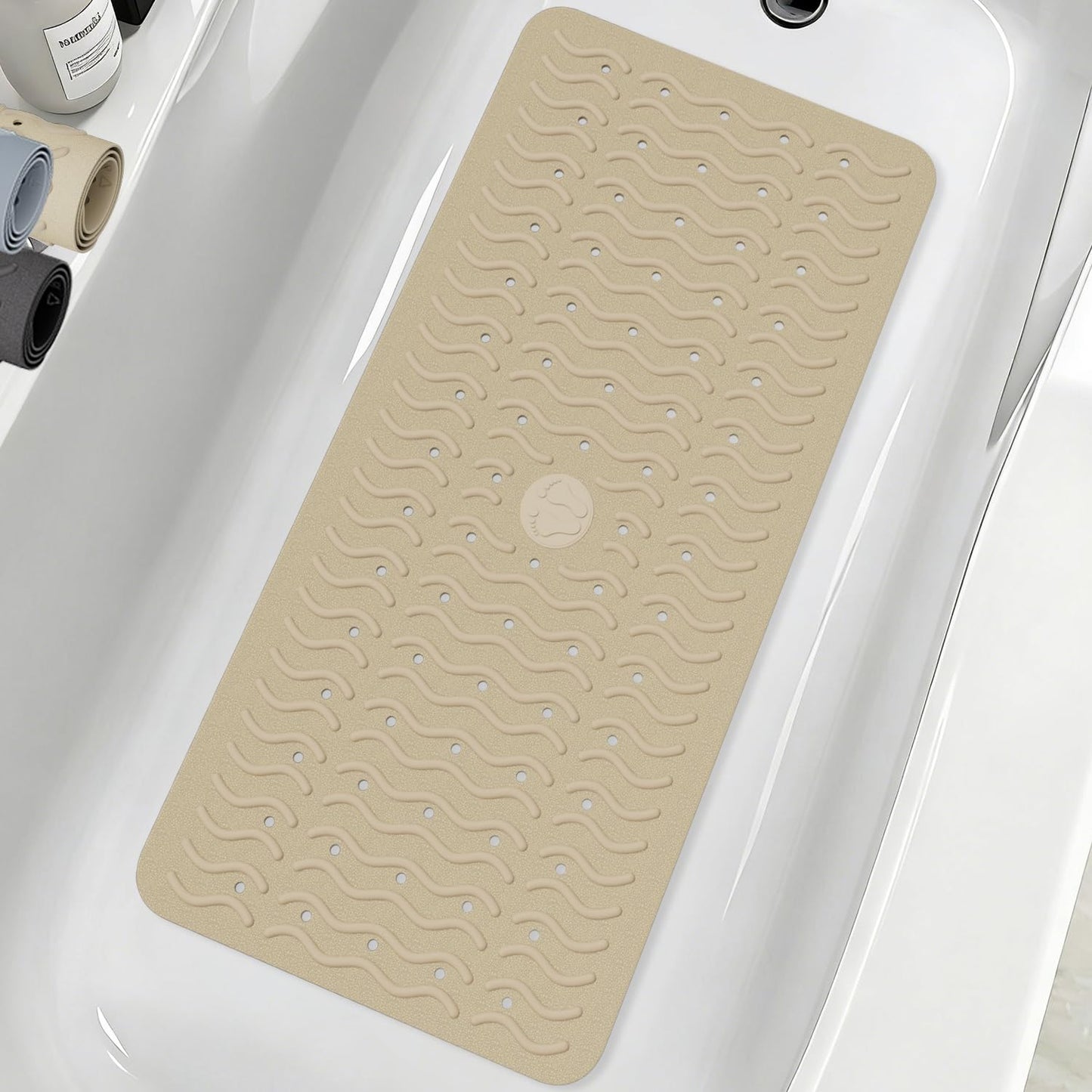 Non Slip Bathtub Mat & Shower Mat, 31x15'' Anti Slip Bath Mat for Tub, Soft TPE Anti-Skid Bathroom Mat with 194 Suction Cups & Drain Holes, Wave-Textured Grip, Machine Washable, Grey