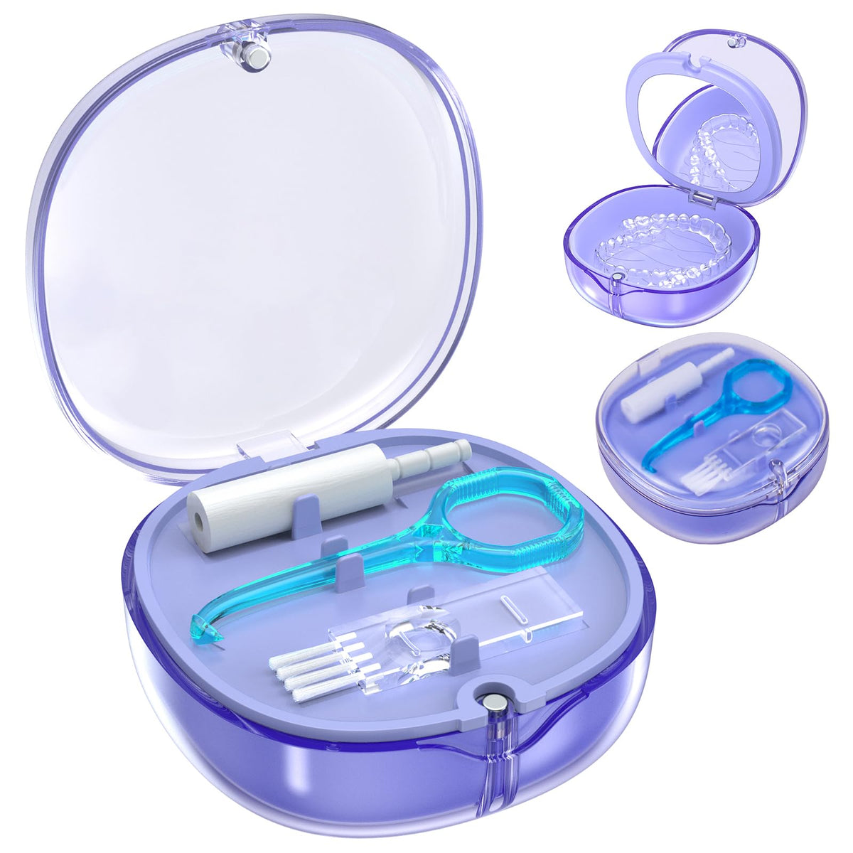 Pink Aligner and Retainer Case Double-layer Cute Slim Braces Night Mouth Guard Case with Remover Tool, Chew and Cleaning Brush, Built in Mirror Orthodontic Dental Retainer Container
