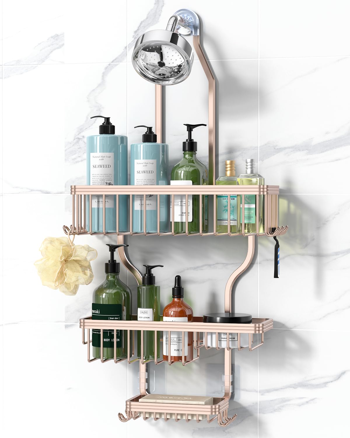 YASONIC Never Rust Shower Caddy Hanging, Aluminum Shower Racks for Inside Shower, 3-Tier Shower Organizer Hanging Over Shower Head with Hooks and Soap Holder, Silver