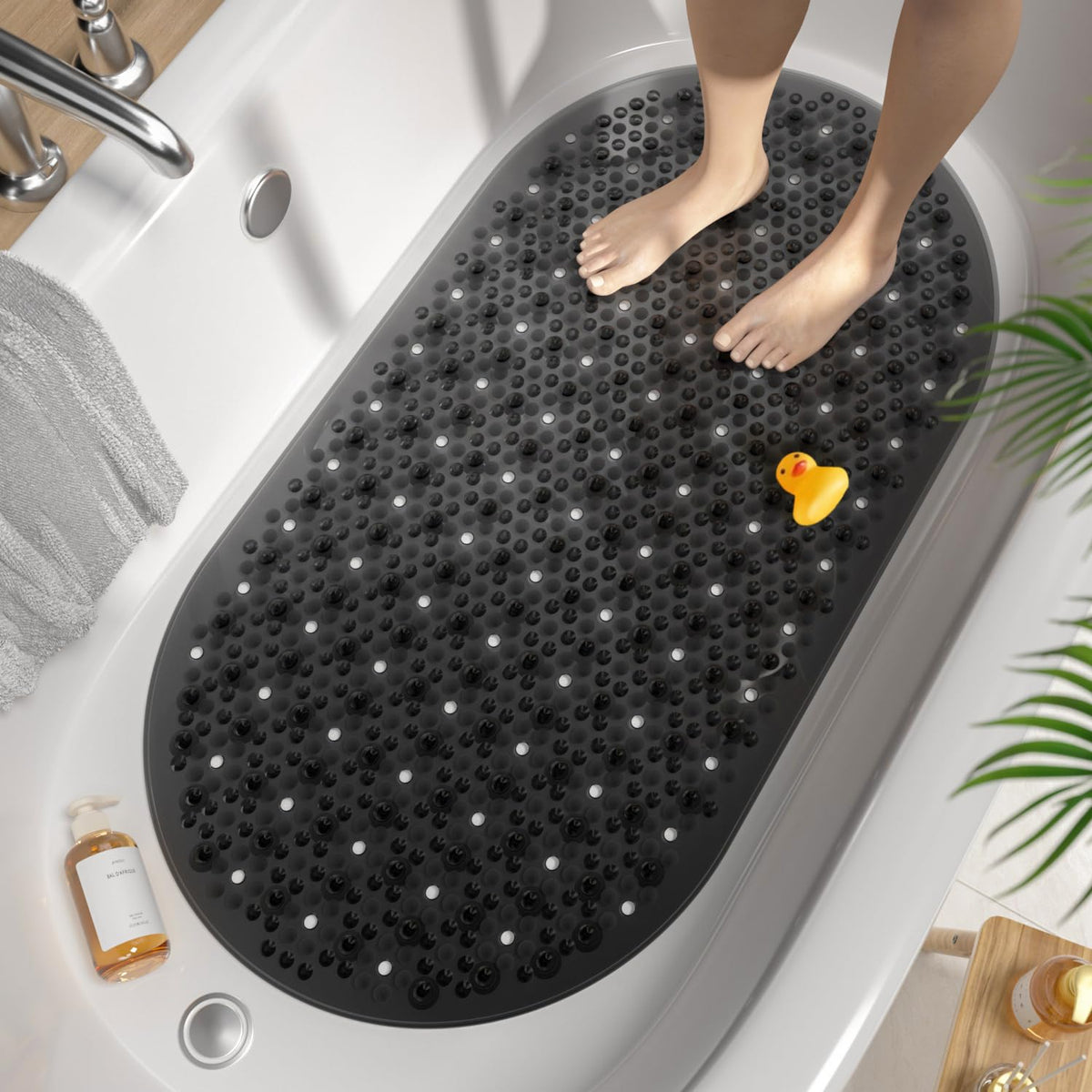 HITSLAM Bathtub Mat Non Slip, 27x15 Inch Bubble Oval Bath Tub Mat for Bathroom, Machine Washable Shower Mat with Suction Cups and Drain Holes, Clear