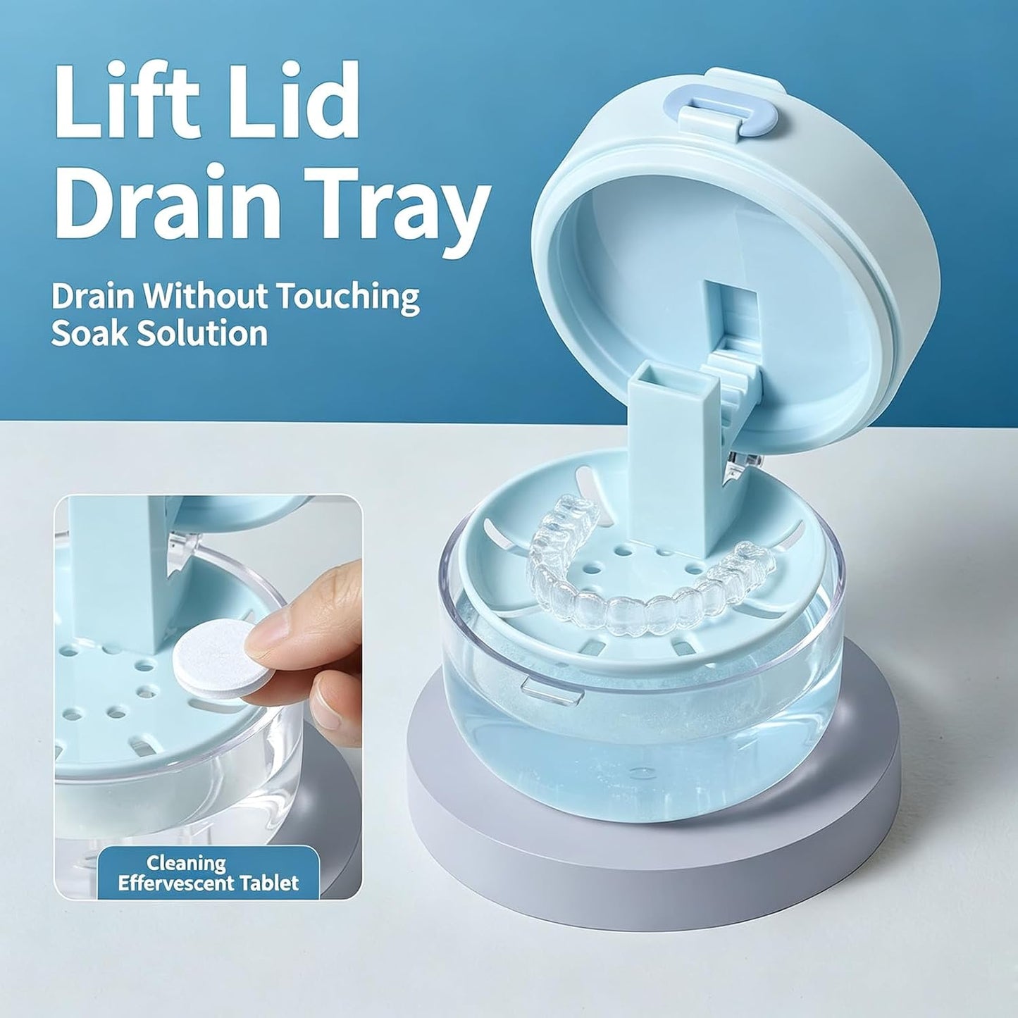 Retainer Cleaner Case with Auto-Lifting Strainer, Blue | Leak proof aligner bath cup with automatic lifting strainer basket, denture case with mirror, brush and cleaning tool