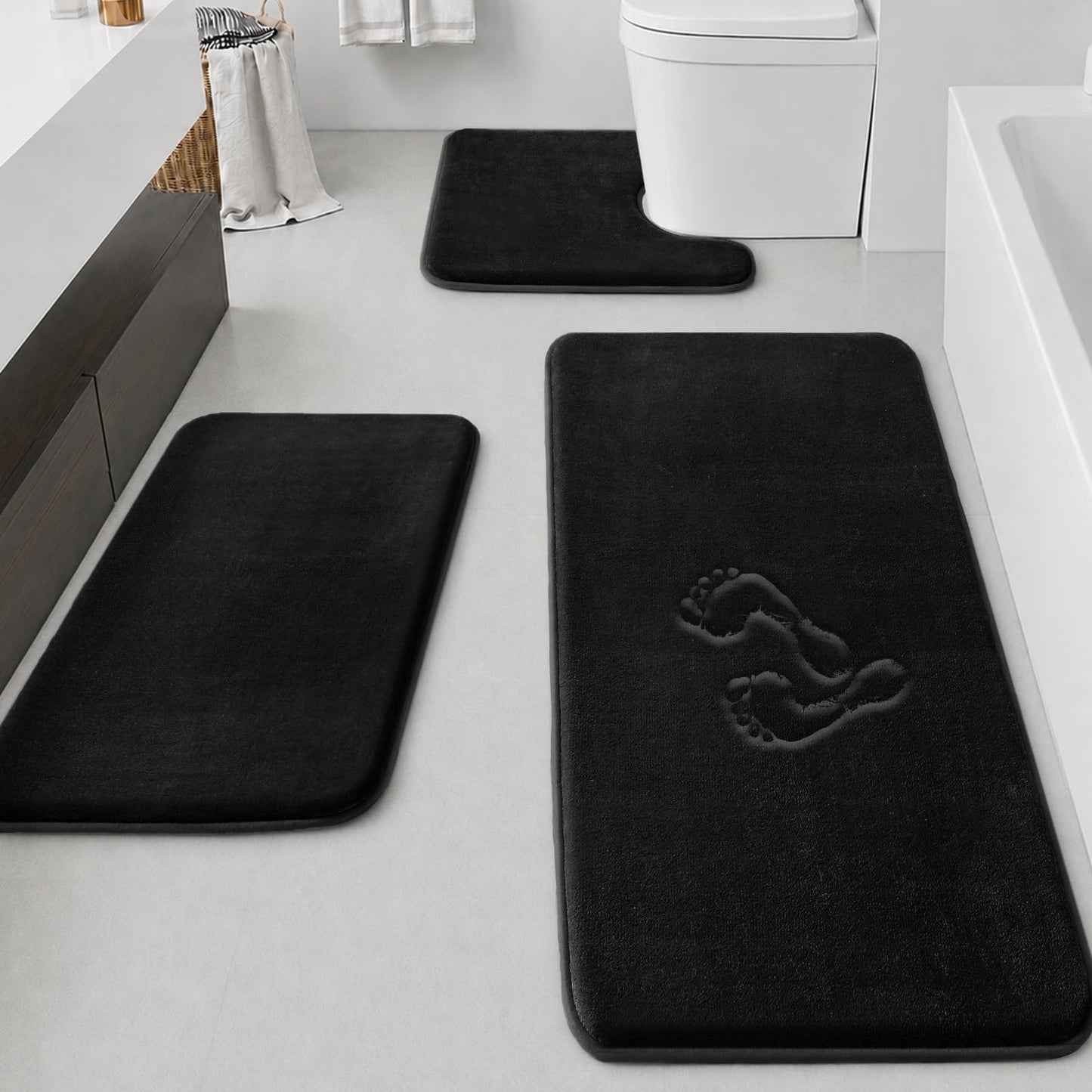 HUXMEYSON Bathroom Rugs Sets 3 Piece, Non-Slip & Quick Dry Bath Mat Set, Ultra Soft Velvet Bath Rugs for Bathroom, Toilet and Shower Floor, Grey