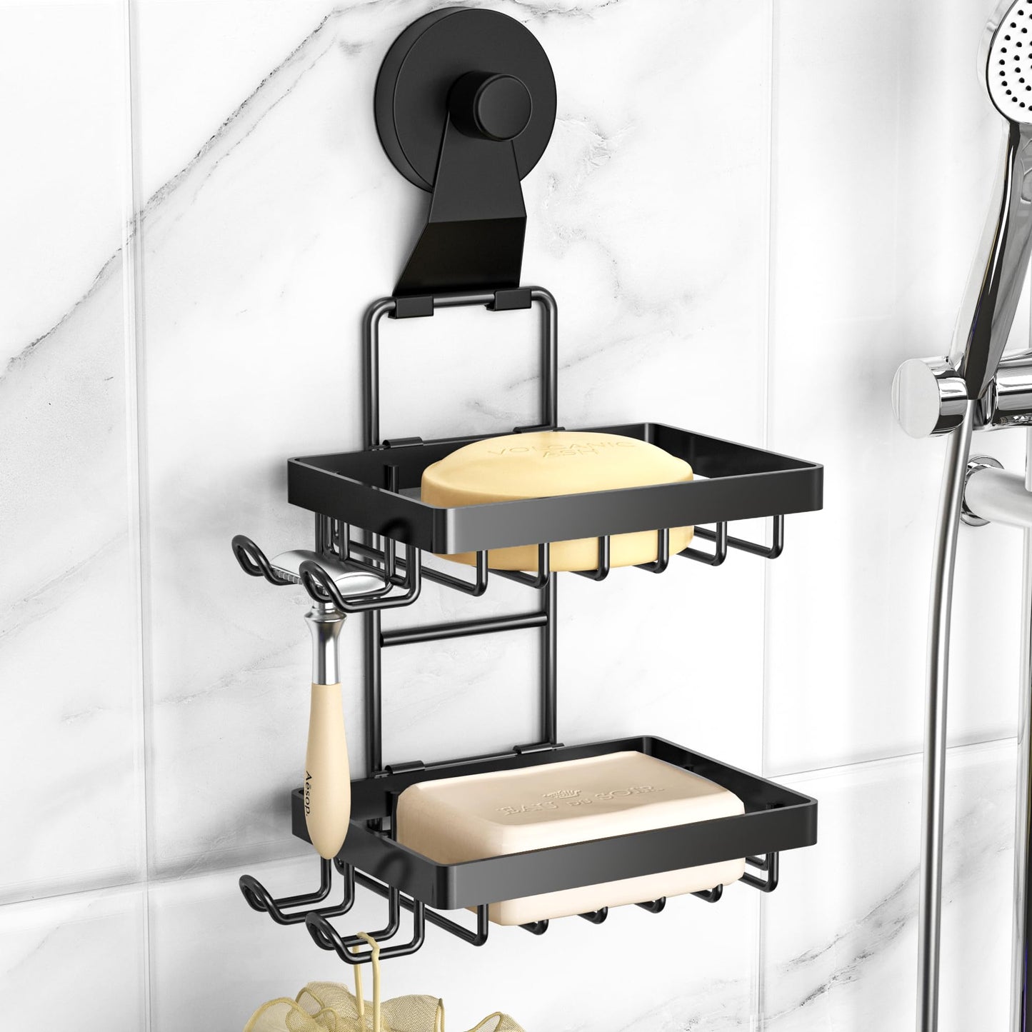 Moforoco Double Soap Bar Holder for Shower, No Drilling, 304 Stainless Steel, Wall Mounted Soap Holder with 4 Hooks and Razor Holder, Shower Rack Soap Tray Bar Soap for Bathroom Accessories Organizer