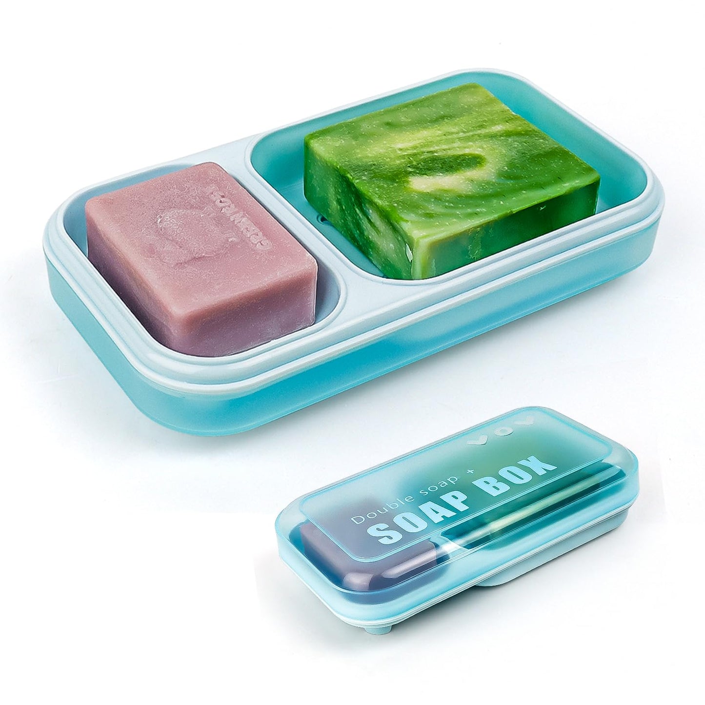 AIDIMMING Large Countertop Double Soap Dish with Lid, 2-Compartment Self Draining Soap Holder for Shower, Sink & Bathtub, 7.9 x 4.3 in Holder for Shampoo Bars and Bath Soap Bars, Light Blue