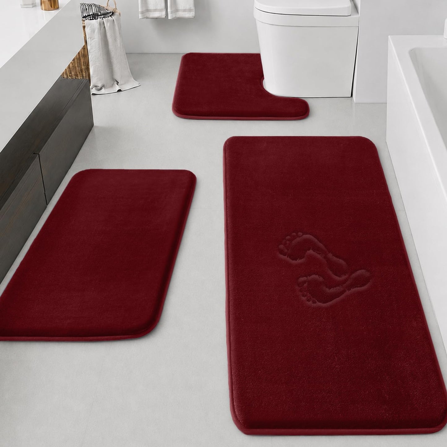 HUXMEYSON Bathroom Rugs Sets 3 Piece, Non-Slip & Quick Dry Bath Mat Set, Ultra Soft Velvet Bath Rugs for Bathroom, Toilet and Shower Floor, Grey