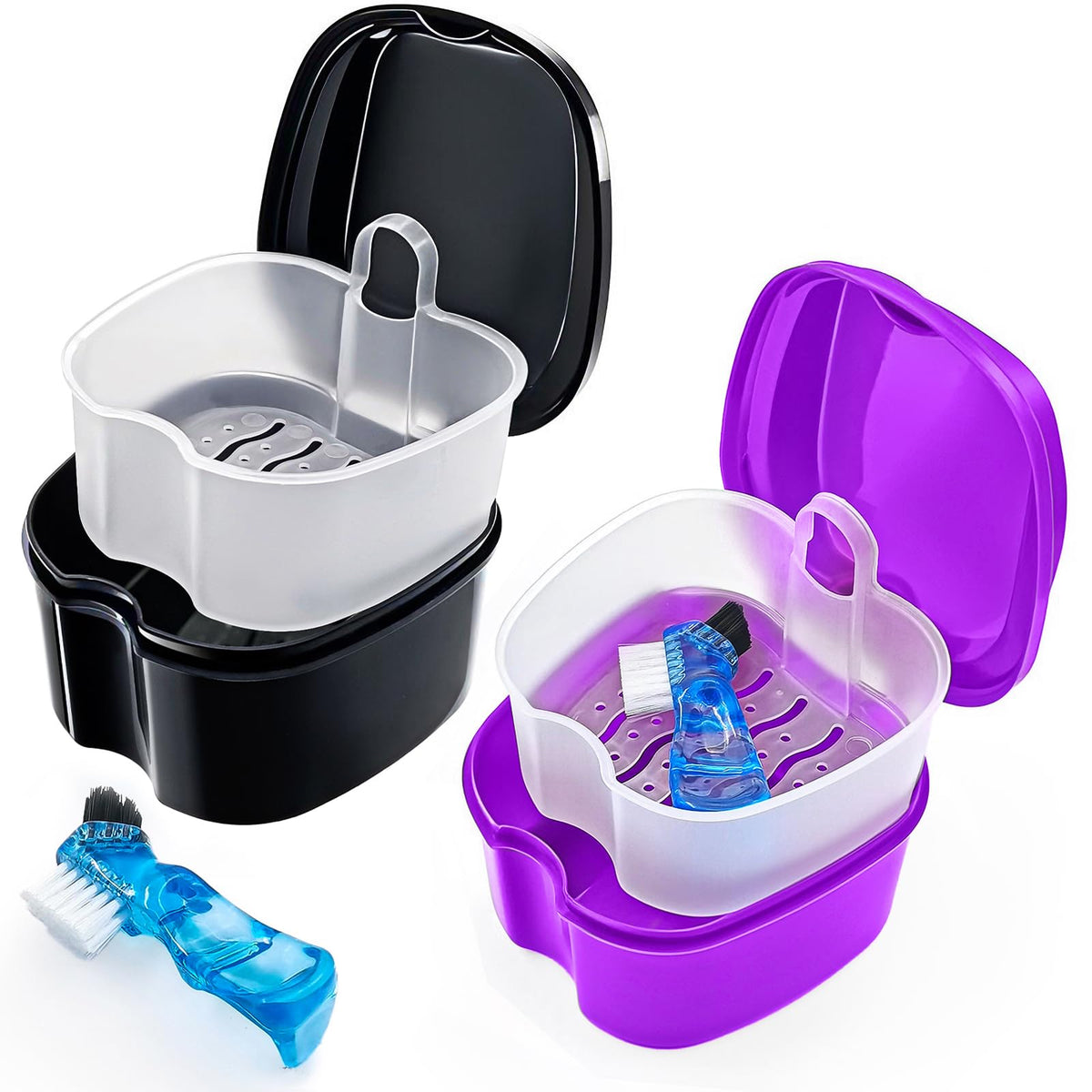 2 Pack Denture Case Dental Mouthguard Case, Denture Bath Box Cleaning with Brush, Strainer Basket and Lid Waterproof - Purple and Blue