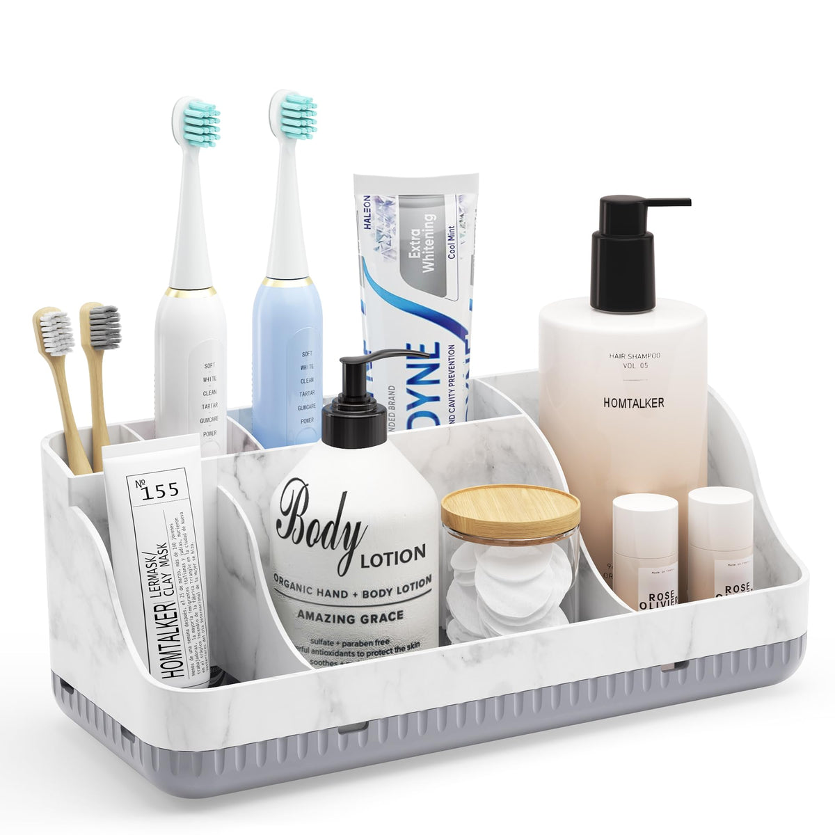 Bathroom Counter Organizer and Storage with 2 Pack Qtip Holder Dispenser, 7 Slots Detachable Toothbrush Holders for Bathrooms, Anti-Slip Electric Toothbrush and Toothpaste Holder Countertop