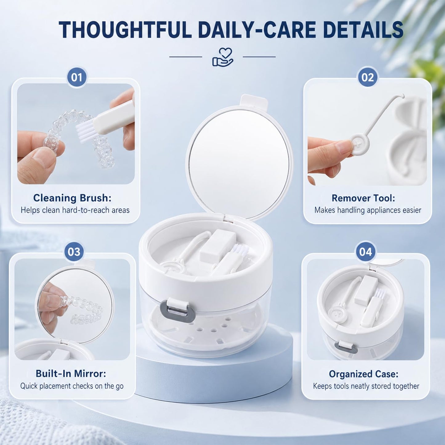 3-in-one dentures, retainer cleaning box,Retainer Case for Women Teen Girls,Large Capacity Denture Bath Case with Mirror Cleaning Brush and Removal Tool for Orthodontic and Denture Users(white)