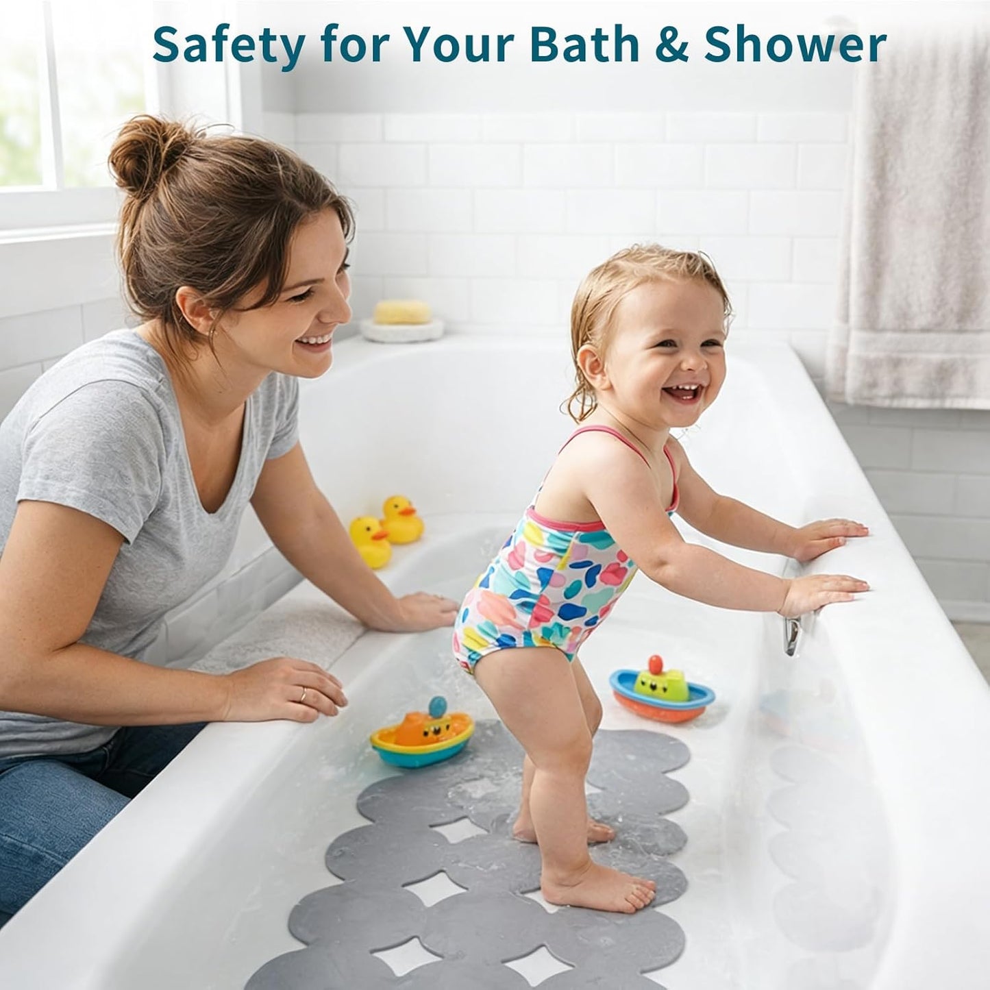Webos Bathtub Mat Non Slip: Extra Long Rubber Bath Mat for Tub with Strong Suction Cups 15.4" x 37.8" Anti Slip Shower Mat, Big Drain Holes Bathroom Mats for Tub & Shower, Circle-Grey