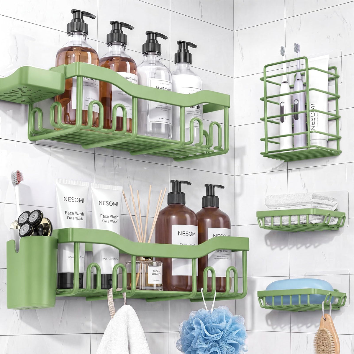 NESOMI 7-Pack Shower Caddy Adhesive,Stainless Steel Shower Organizer Shelf | Rustproof, with Soap Dish Toothbrush Holder, Large Capacity, No-Drill Rack Bathroom Storage Accessories, 24 Hooks, Home Decor