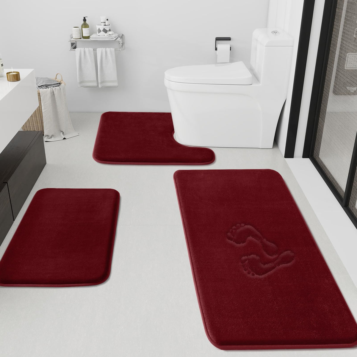 HUXMEYSON Bathroom Rugs Sets 3 Piece, Non-Slip & Quick Dry Bath Mat Set, Ultra Soft Velvet Bath Rugs for Bathroom, Toilet and Shower Floor, Grey