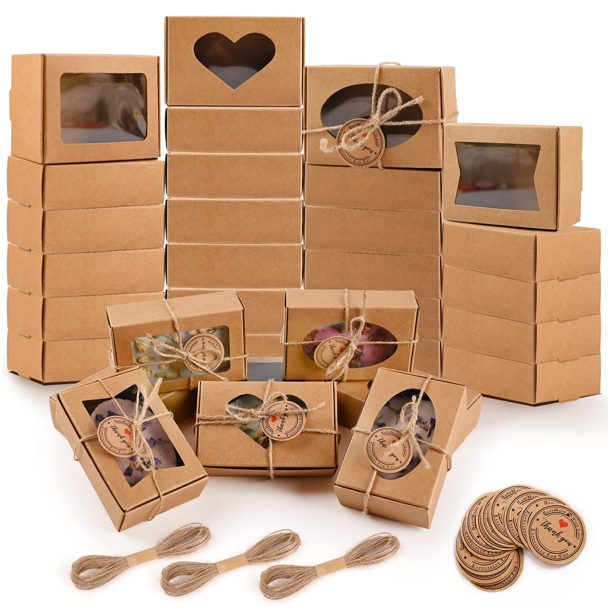 Soap Boxes for Homemade Soap, Soap Packaging Gift Box with Window | 3.54 X 2.36 X 1.18 Inch Soap Packaging Gift boxes Brown with Window, Small Rectangular Soap Boxes (32PCS)