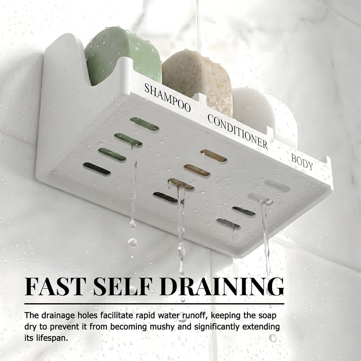 Soap Holder for Shower Wall, 3-Compartment Soap Dish [Patent Pending] | For Shampoo, Conditioner and Body Soap, Fast Draining & Rust-Proof, Strong Adhesive for Long-Term Bathroom Use & Freestanding