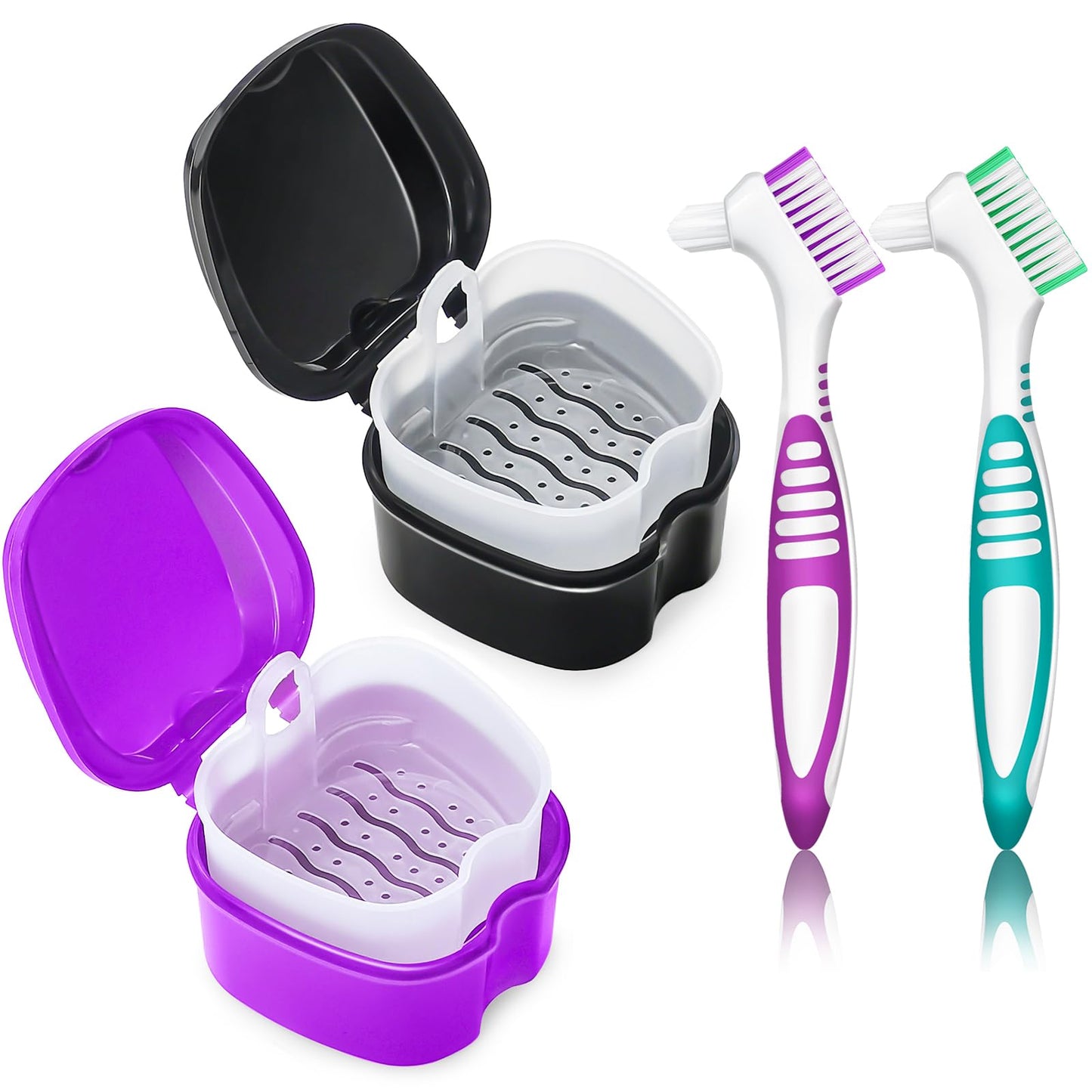 2 Pack Colors Denture Bath Case Cup Retainer Cleaner Holder Case False Teeth Soaking Container Dental Bath Storage Box Case with Strainer Basket and Brush - Rose Red & Black