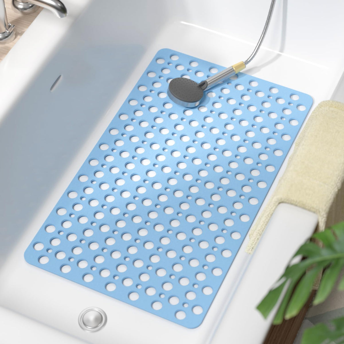 HITSLAM Bathtub Mat Non Slip, Soft TPE Bath Mat for Tub, Efficient Drainage Bathroom Shower Mat with Suction Cups, Bath Tub Mat, Easy to Clean, 28 x 15 Inch, Blue