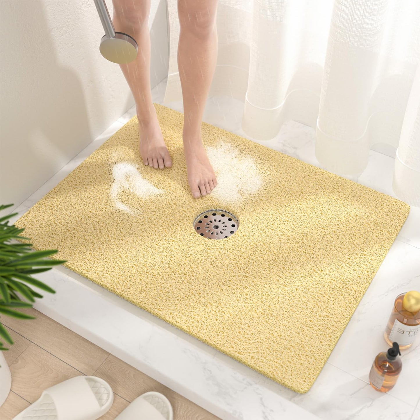 HITSLAM Square Shower Mat, 24 x 24 Inch Non Slip Bath Mat for Tub, Soft PVC Loofah Bathtub Mats with Drain Holes, Quick Drying Bathroom Stall Floor Mat, Bathroom Accessories Without Suction Cup, Grey