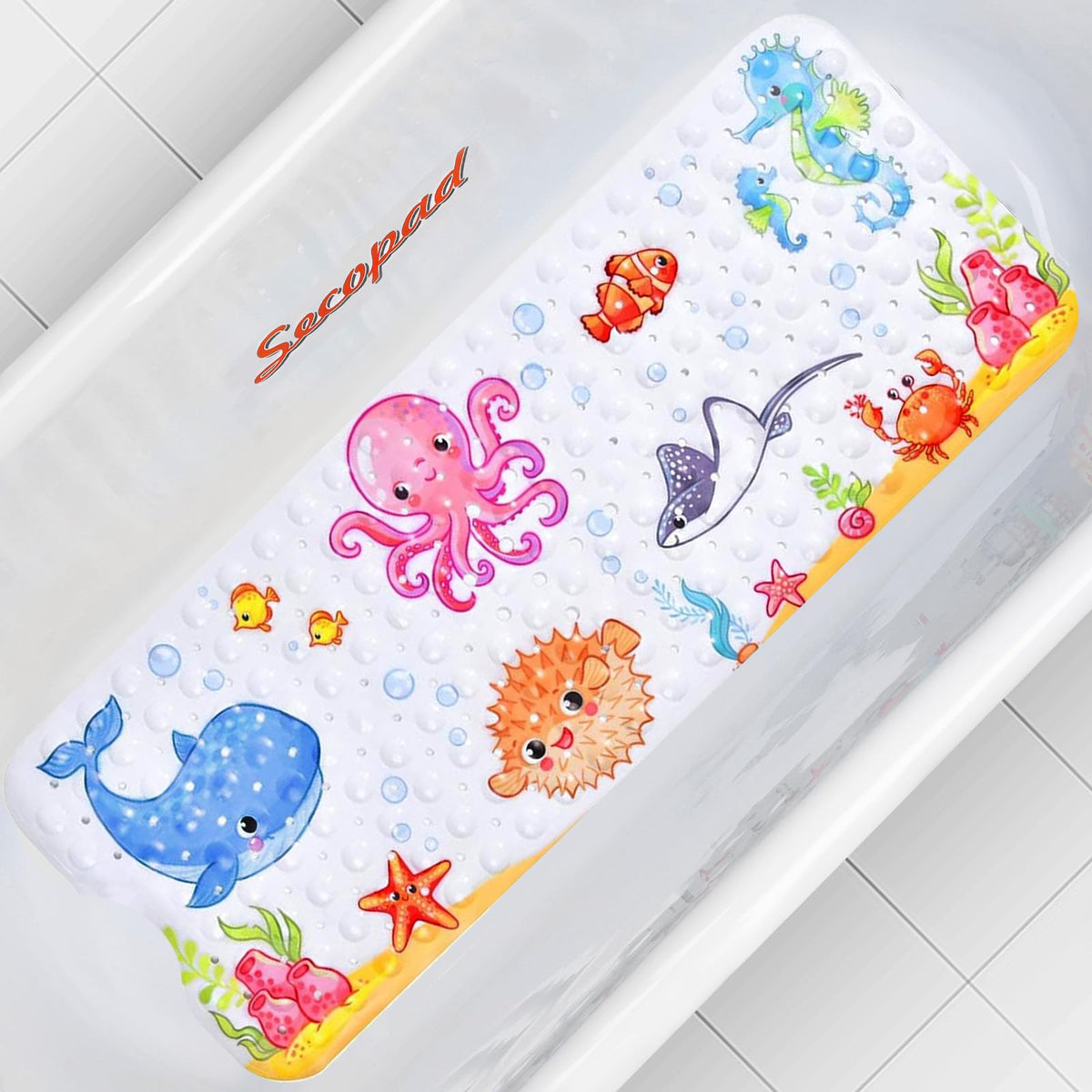 Secopad Bathtub Mat Non Slip, Cute Bath Tub Mat, 27.5" x 15", Pink Octopus | Rectangular, Anti-Slip, Machine Washable, with Drain Holes and Suction Cups,For Bathtub and Shower Floor, for Toddler & Kids