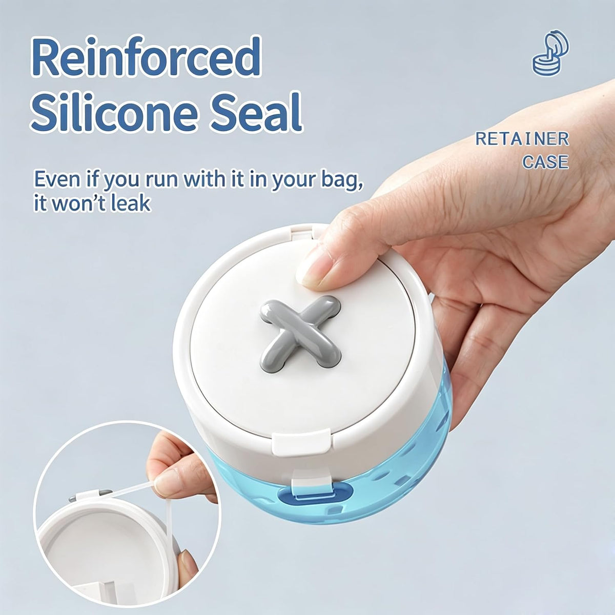 Retainer Cleaner Case with Auto-Lifting Strainer, Blue | Leak proof aligner bath cup with automatic lifting strainer basket, denture case with mirror, brush and cleaning tool