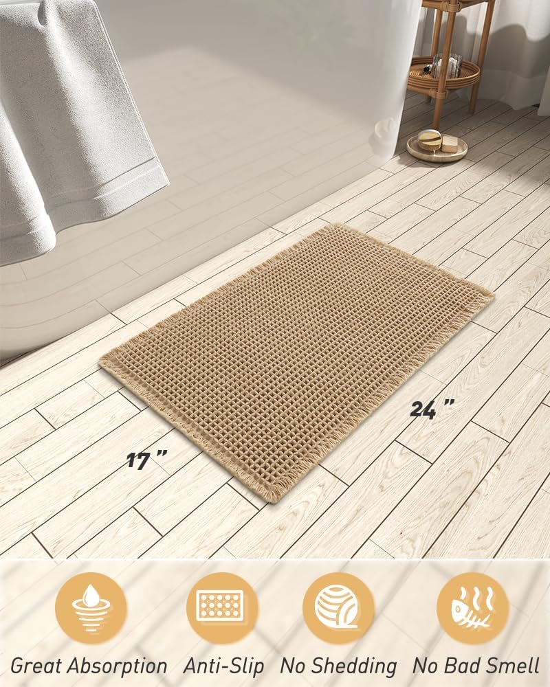 Upgraded Waffle Bath Mat Ultra Absorbent Non Slip Bathroom Mat, 17" x 24" | Brown, Quick Dry Washable Bathroom Rugs, Extra Soft Decorative Bath Rugs for Bathroom Floor, Beside Tub and Shower